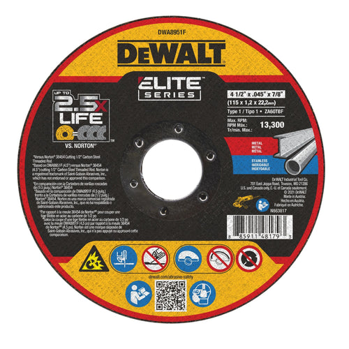 DeWalt DWA8951F Elite Series 4-1/2 IN x .045 IN x 7/8 IN T1 Ceramic Metal Cut-Off Wheel