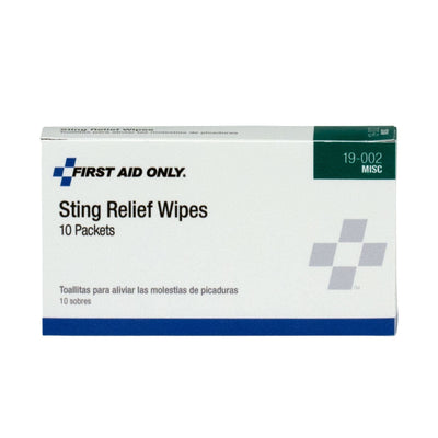 First Aid Only 19-002 Sting Relief Wipes, 6% Benzocaine, Box of 10