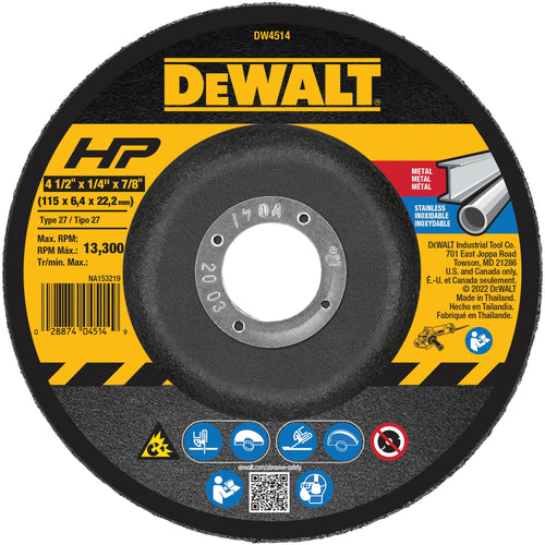 DeWalt DW4514 HP Type 27 Metal Grinding Wheel, 4-1/2 IN x 1/4 IN x 7/8 IN