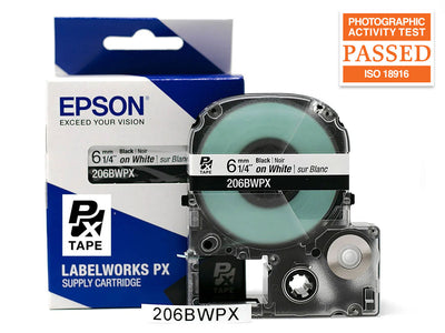 Epson LabelWorks PX 206BWPX Tape, 1/4 IN (6mm) x 30 FT, Black on White
