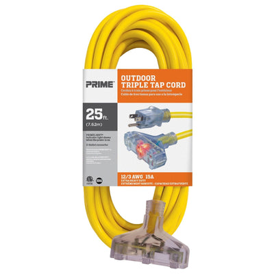Prime Wire & Cable EC611825 25 FT 12/3 SJTW Jobsite 3-Outlet Extension Cord, Yellow