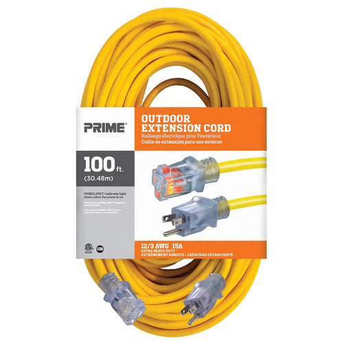 Prime Wire & Cable EC511835 100 FT 12/3 SJTW Jobsite Outdoor Extension Cord, Yellow