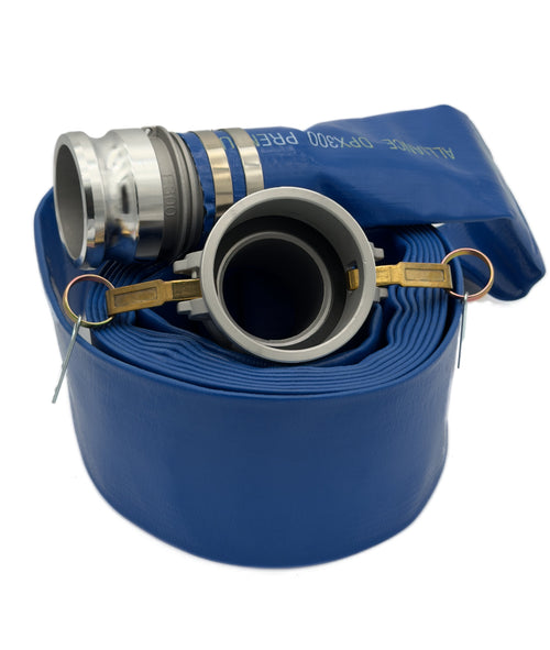Alliance Hose DPX300-25CE 3 IN x 25 FT Blue PVC Layflat Water Discharge Hose Assembly, Aluminum C&E Cam-and-Groove Fittings
