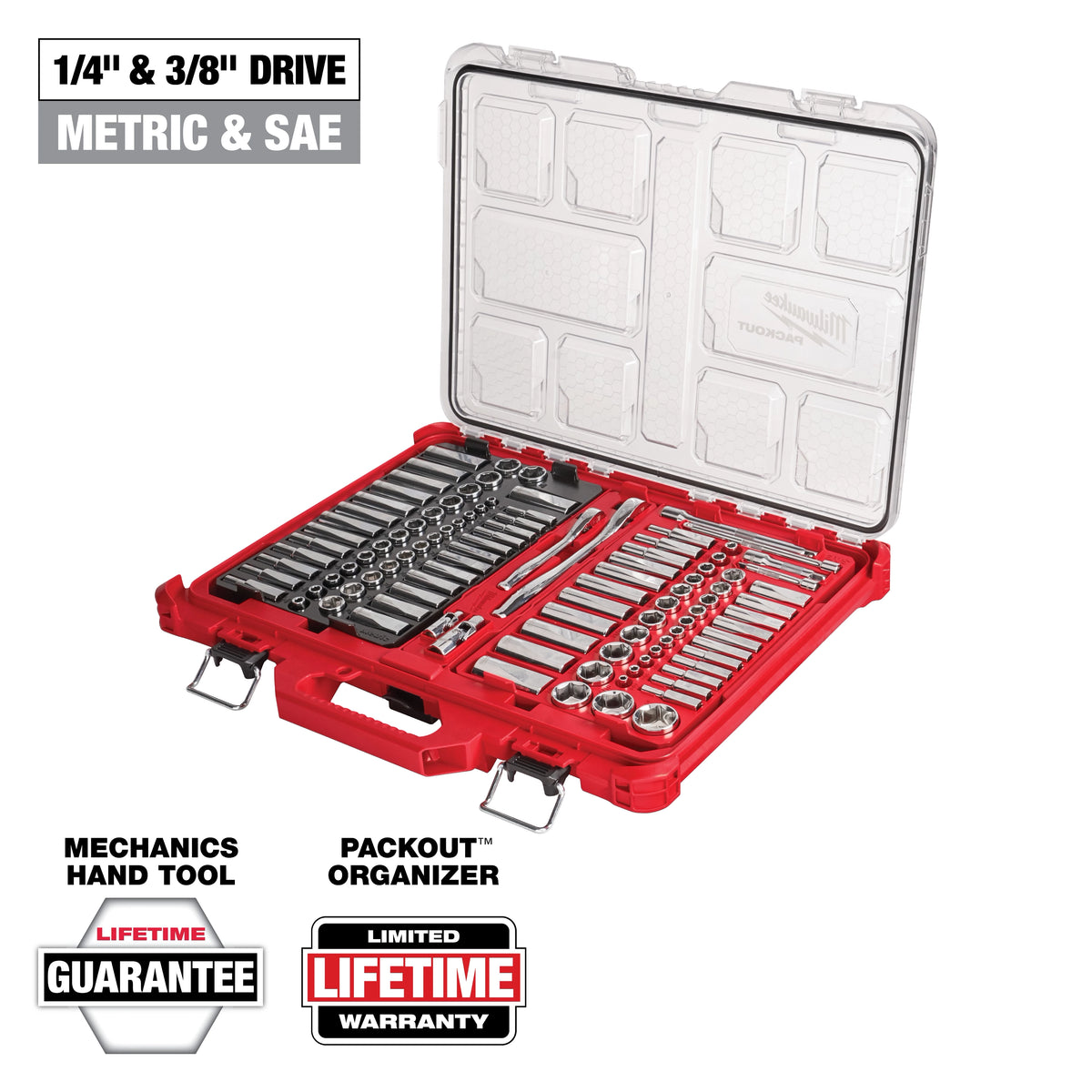 Milwaukee 48-22-9486 106-Piece 1/4 IN and 3/8 IN Drive SAE/Metric Ratchet and Socket Set with PACKOUT Low-Profile Organizer