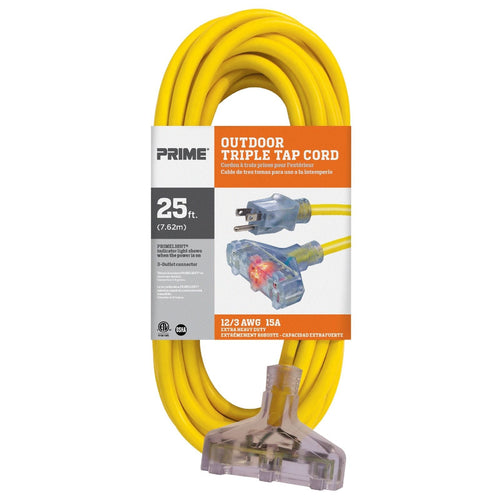 Prime Wire & Cable EC611825 25 FT 12/3 SJTW Jobsite 3-Outlet Extension Cord, Yellow