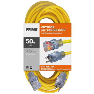 Prime Wire & Cable EC511830 50 FT 12/3 SJTW Jobsite Outdoor Extension Cord with Primelight Indicator, Yellow