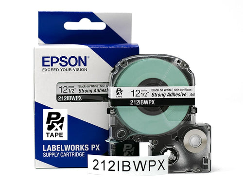 Epson LabelWorks PX 212IBWPX Strong Adhesive Label Tape, 1/2 IN x 30 FT, Black on White