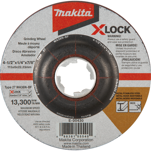 Makita E-00430 X-LOCK 4-1/2 IN x 1/4 IN x 7/8 IN Type 27 General Purpose 36 Grit Grinding Wheel